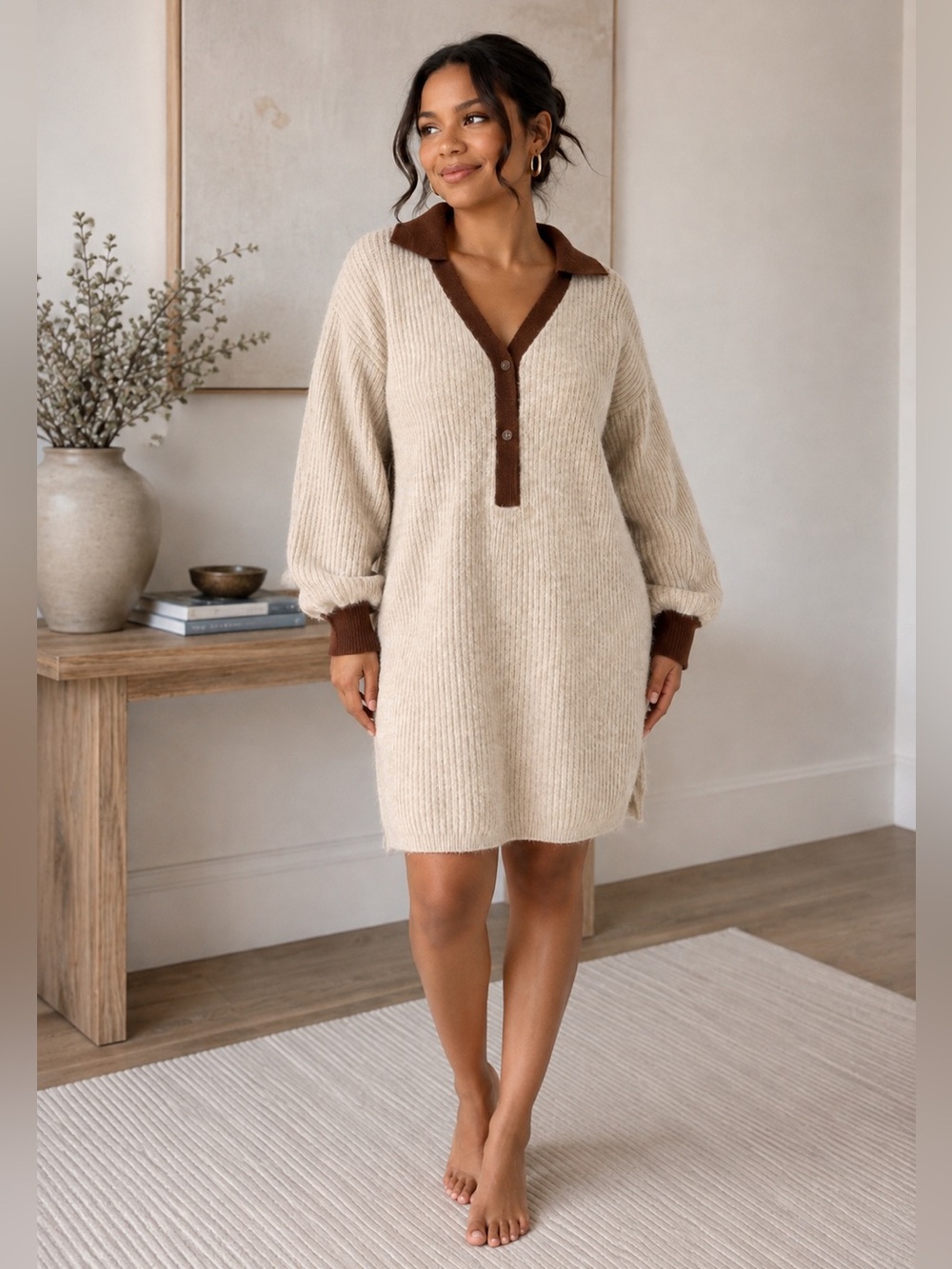 Beige and Brown Collared Knit Sweater Dress Size M BNWOT - Picture 1 of 9